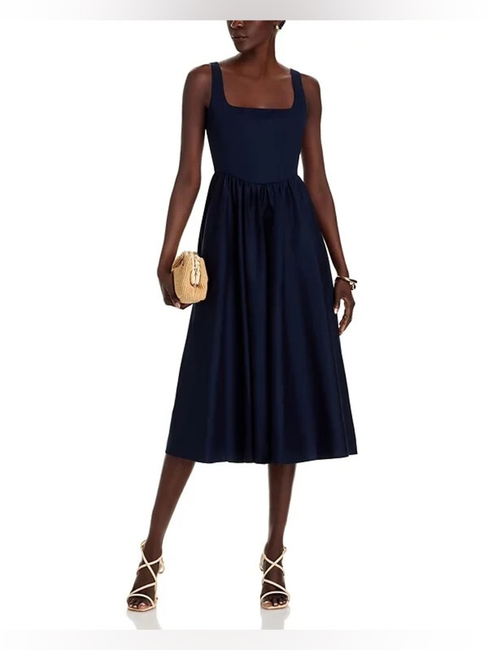 Wayf Navy Square-Neck Midi Dress with Wide Straps and A-Line Skirt
